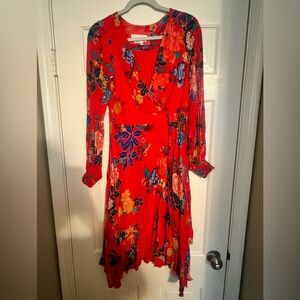 Anthropologie, Red tie wrap dress with flowers, size 8.